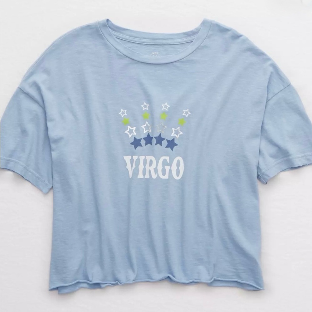 Aerie Star Sign Virgo Graphic Cropped Light Blue Tshirt Size Medium EUC - Picture 1 of 8